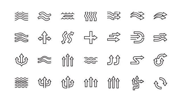 Black line icons, 25 abstract symbols, minimalist design elements, vector graphics