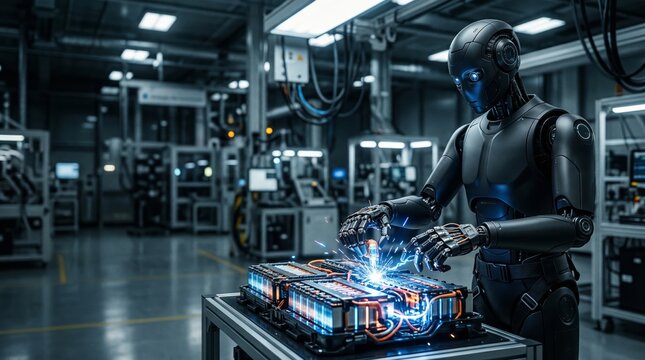 Futuristic humanoid robot assembling high-tech electric battery in industrial factory laboratory
