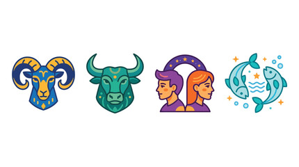 Fototapeta premium Colorful vector illustrations of four zodiac signs: Aries, Taurus, Gemini, and Pisces, depicted with unique stylized designs.