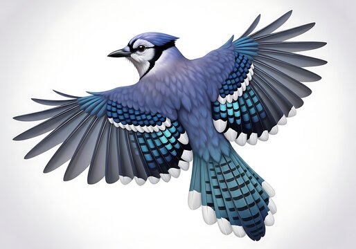 Beautiful blue jay bird with spread wings flying gracefully against clear light background