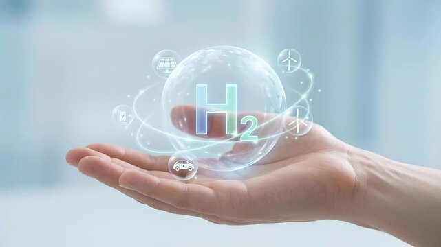 Green hydrogen energy production gas concept in hand showing industrial process for renewable fuel source and clean power generation technology supporting sustainable development goals