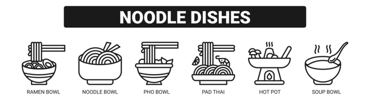 Noodle Dishes web banner icon vector illustration concept with icons of ramen bowl, noodle bowl, pho bowl, pad thai, hot pot, and soup bowl. 