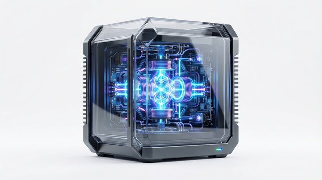 Futuristic Quantum Computer Core with Glowing Blue Energy Inside Isolated on White Background