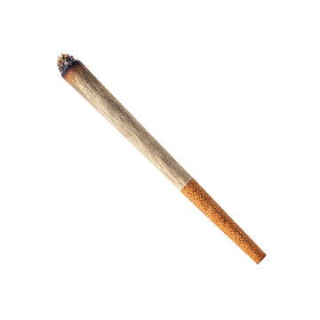 Close-up of a lit cigarette with filter and burning tip