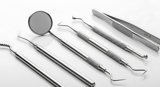 A selection of gleaming stainless steel dental instruments on transparent background