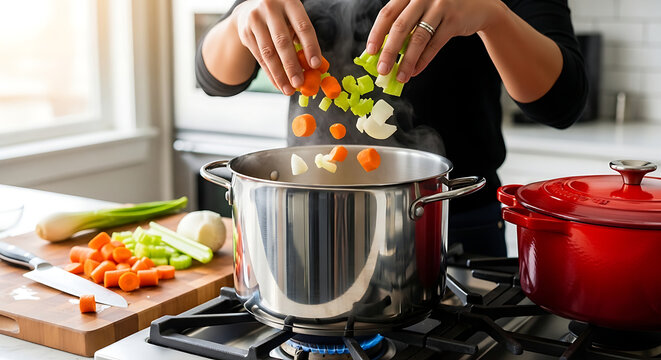 Healthy Cooking: Fresh Vegetables Being Added to a Pot for Soup or Stew