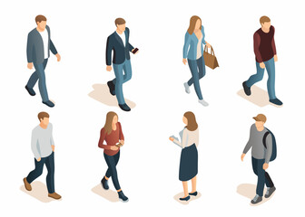 Fototapeta premium Isometric illustration depicting diverse people walking in a city environment