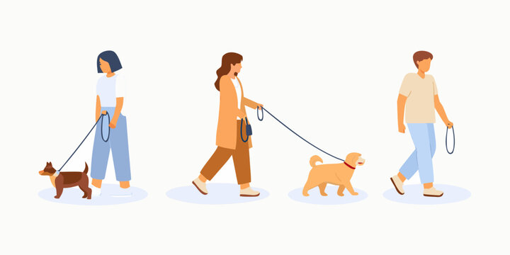People walking dogs on leashes in a minimalist flat illustration style