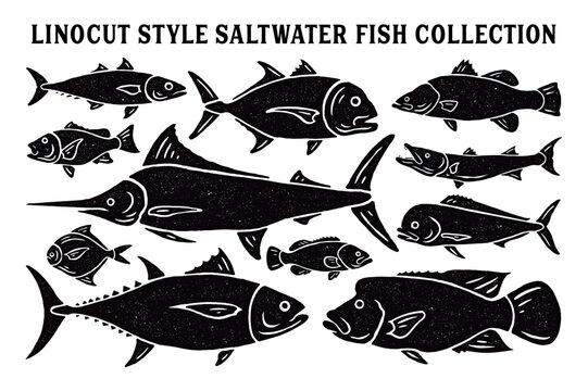 Linocut Style Saltwater Fish Collection. Block Print Illustrations of Marlin, Tuna, and Trevally.