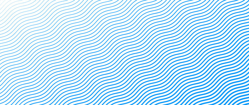 Blue wave texture gradient. Fading curved linear halftone gradation. Wavy water line pattern wallpaper. Thin to thick undulate stripe background for overlay, print, cover, graphic design. Vector