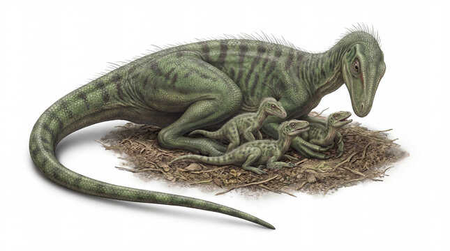 Nyasasaurus parringtoni adult with hatchlings in nest isolated on white background, detailed prehistoric scene showing parental care and early dinosaur nesting behavior.

