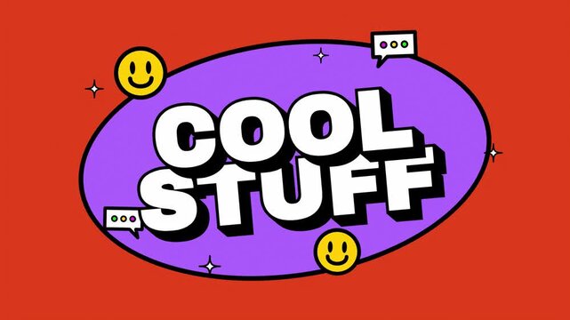 Awesome Things & Fun Finds A Vibrant Collection of Cool Stuff with Smiley Faces and Speech Bubbles