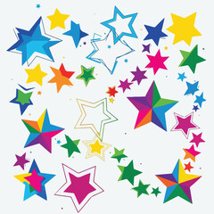Obraz premium Colorful multicolored stars scattered on a white background, varying in size