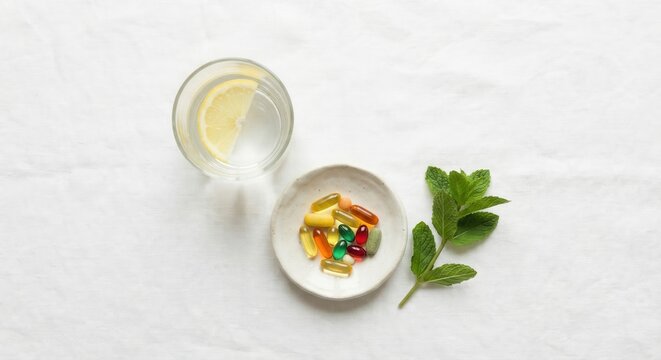 Healthy supplement routine with lemon water and vitamins
