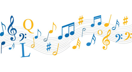 Colorful music notes and symbols on staff lines © Jalilun
