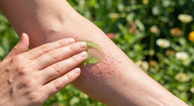 Person applying aloe vera gel to heat rash on inner elbow