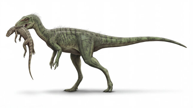 Nyasasaurus parringtoni holding Triassic prey in its jaws isolated on white background, detailed reconstruction showing feeding behavior and early dinosaur predation.
