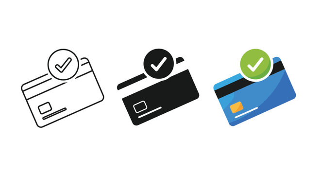 Professional vector illustration of credit card payment icons showing approval with a green checkmark symbol for online banking and retail business commerce store shopping systems