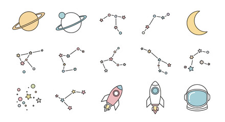 Space icons with planets and rockets. © Mbah