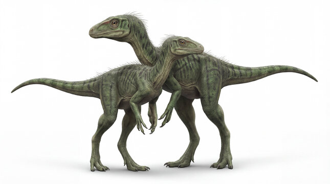 Pair of Nyasasaurus parringtoni interacting in a gentle, romantic behavior isolated on white background, detailed prehistoric scene highlighting early dinosaur social interaction.
