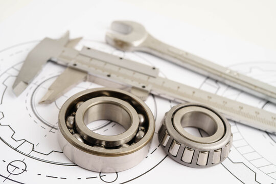 Engineering and precision tools with metal ball bering, mechanical industrial.