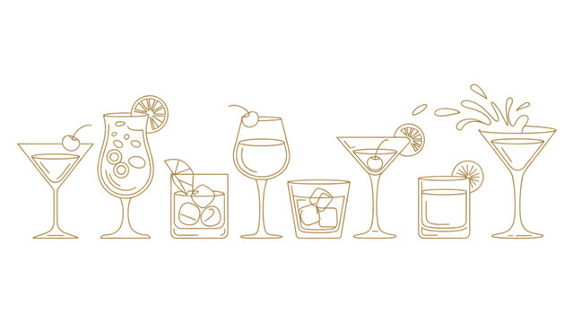 Collection of vintage cocktail glasses and bar tools on wooden surface Vector