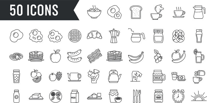Breakfast food line icon set with coffee bread eggs pancakes fruits and kitchen items for menu design and cafe branding