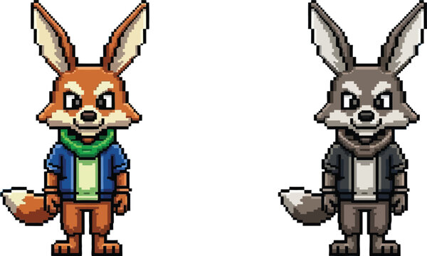 Two pixel art anthropomorphic fox and wolf characters standing upright, wearing jackets and scarves, in a charming retro video game style.