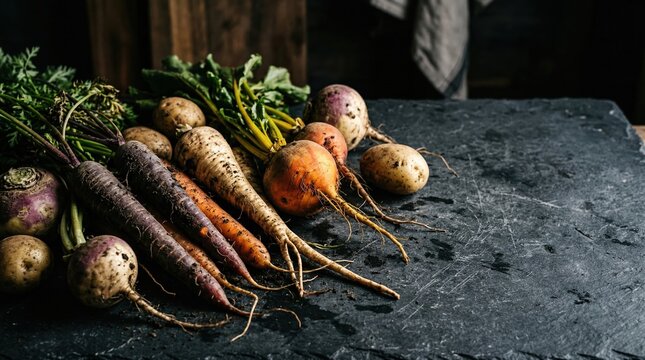 Fresh organic root vegetables including colorful carrots parsnips potatoes and turnips with natural dirt on dark rustic stone surface for healthy farm to table cooking