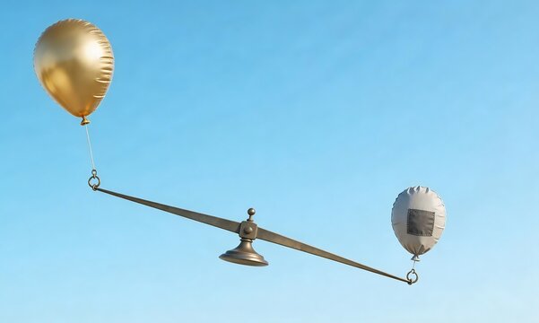 A golden inflated balloon on one side of a scale outweighs a deflated grey balloon, symbolizing disparity in value and state against a clear blue sky