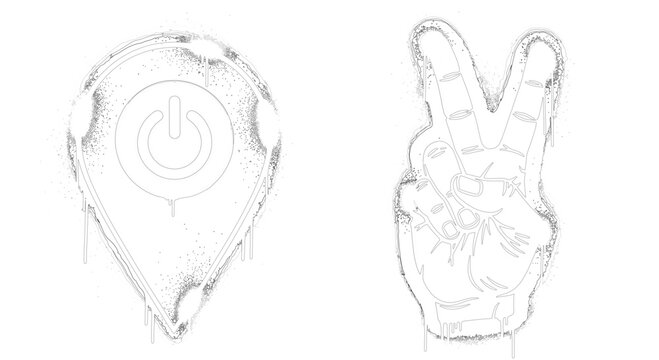 Urban graffiti vector icons set featuring map location pin with power button and peace hand sign with spray paint drips