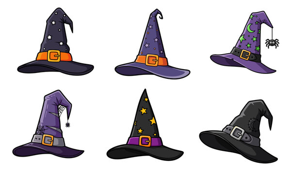 Halloween witch hats, purple, black, vector icons, 6 pcs, Halloween party decorations, witchcraft symbols