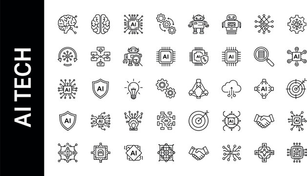 Artificial intelligence line icon set with machine learning robotics neural network automation and technology symbols for digital innovation design