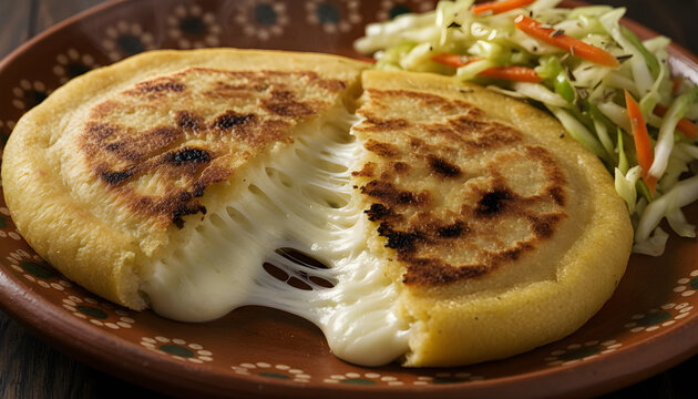 Pupusa with melting cheese and curtido on plate