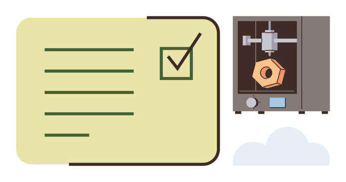 Quality control, manufacturing approval, prototype design, 3D modeling, technology workflow, innovation. Checklist with tick mark and 3D printer with printed object. Quality control and manufacturing