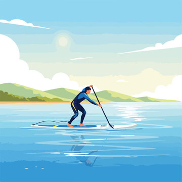 A person in a wetsuit paddleboarding on calm waters with mountains in the background