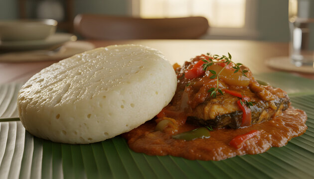 African ugali and fish stew on banana leaf