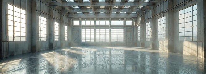 Empty Hall: A panoramic view captures the grandeur of an open hall, the space bathed in natural light streaming through large, arched windows and reflecting on the polished floor.