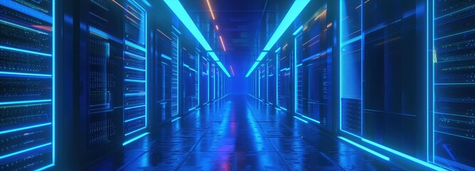 Cyber Corridor: An abstract, neon-lit corridor of data servers pulsates with digital energy, creating an immersive, futuristic environment. 