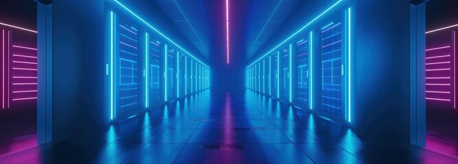 Cyber Corridor: A futuristic, neon-lit corridor, bathed in cool blues and vibrant purples, suggests the heart of a data center or digital infrastructure.