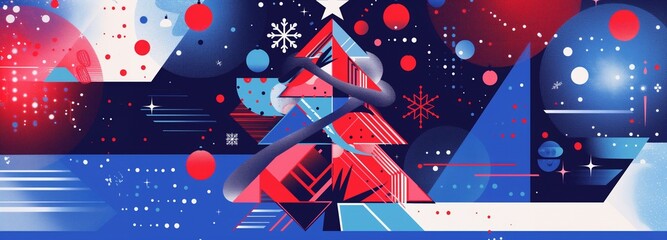 Geometric Christmas Celebration: A vibrant geometric composition brings the festive spirit to life, with a stylized Christmas tree taking center stage, surrounded by snowflakes and ornaments.
