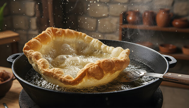 Deep frying hungarian langos in a cast iron pan