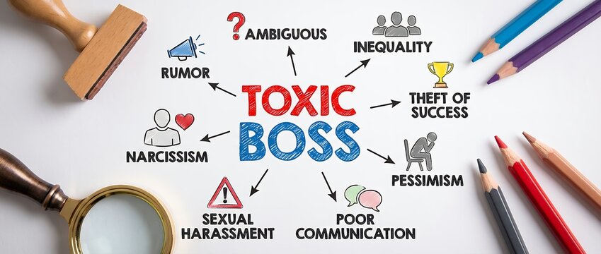Diagram illustrates toxic boss traits including narcissism rumor sexual harassment poor communication pessimism inequality and theft of success workplace management leadership