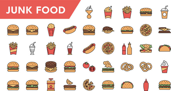 Junk food flat icon set with burgers fries pizza hotdog drinks and fast food menu items for restaurant branding