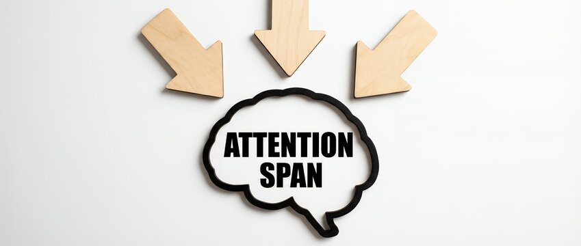 Three wooden arrows point down towards a black outlined speech bubble containing the words ATTENTION SPAN in bold black text focus concentrate mind thinking idea concept cognition