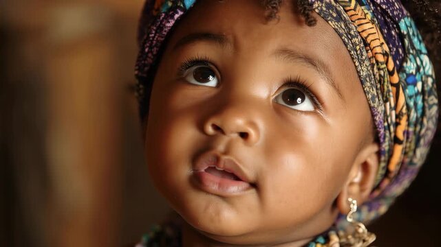 Beautiful African baby with curly hair and colorful headband gazes thoughtfully at the viewer in a warm, natural setting during the soft light of day
