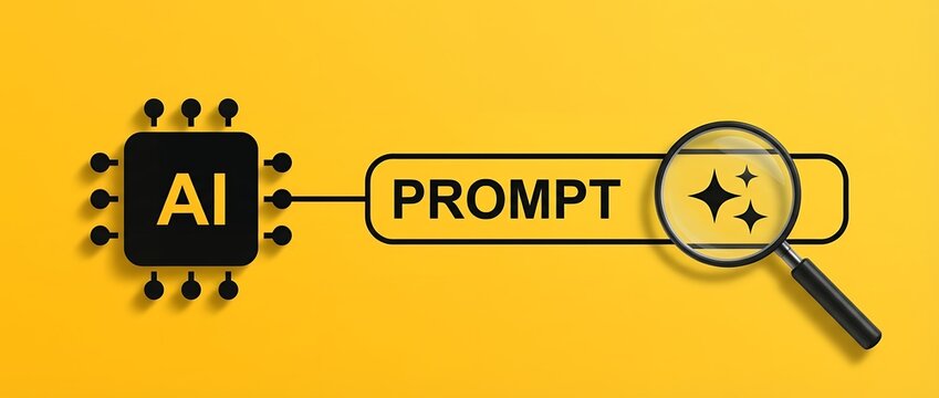 A magnifying glass examines the word PROMPT connected to an AI chip suggesting search and development in artificial intelligence technologies technology innovation digital