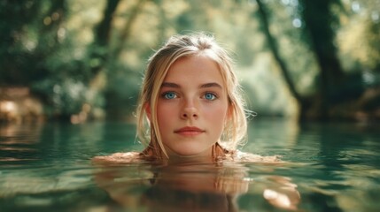 Fototapeta premium Serene Young Girl with Blue Eyes Swimming in Crystal Clear Water Surrounded by Lush Greenery