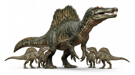 Fototapeta premium Spinosaurus aegyptiacus with juveniles, detailed prehistoric family group showing parental behavior, isolated on white background, realistic texture, high resolution illustration