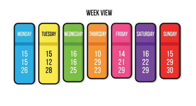 Colorful weekly calendar layout with seven days and three rows of numbers